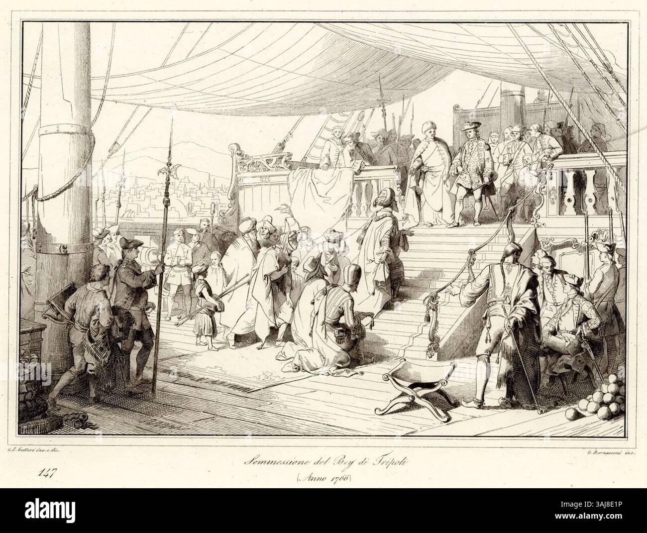 Questa opera mostra il tributo formale del bey di Tripoli alle autorità veneziane nel 1766, mettendo in evidenza le interazioni diplomatiche tra la Repubblica di Venezia e Tripoli. Foto Stock