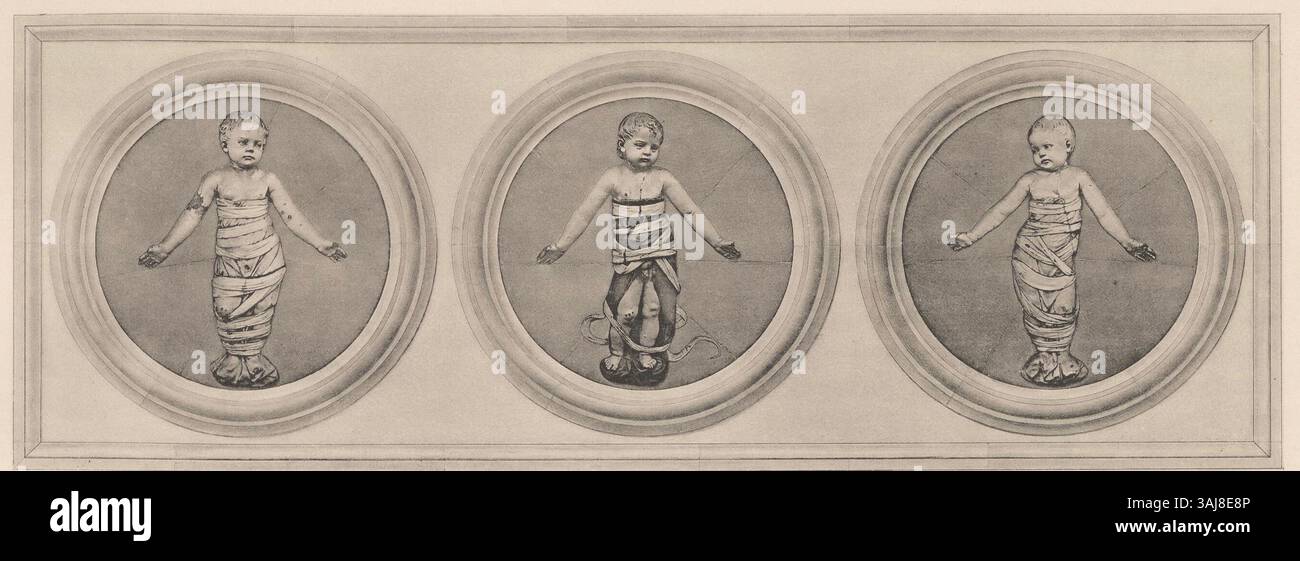 Questa opera d'arte di Andrea della Robbia, raffigurante bambini avvolti in abiti a dorso, esemplifica il delicato e dettagliato stile scultoreo rinascimentale. Il pezzo riflette gli aspetti nutritivi e teneri dello spirito umanista rinascimentale. Foto Stock
