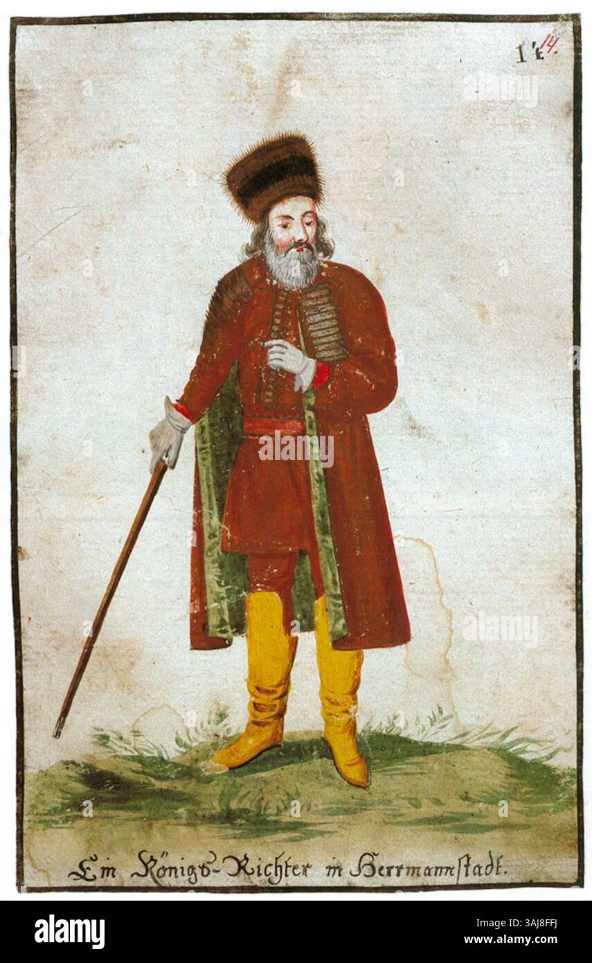 Il costume del XVIII secolo di un giudice del re di Nagyszeben, che illustra l'abbigliamento formale delle figure giudiziarie in Transilvania durante questo periodo di tempo. Foto Stock