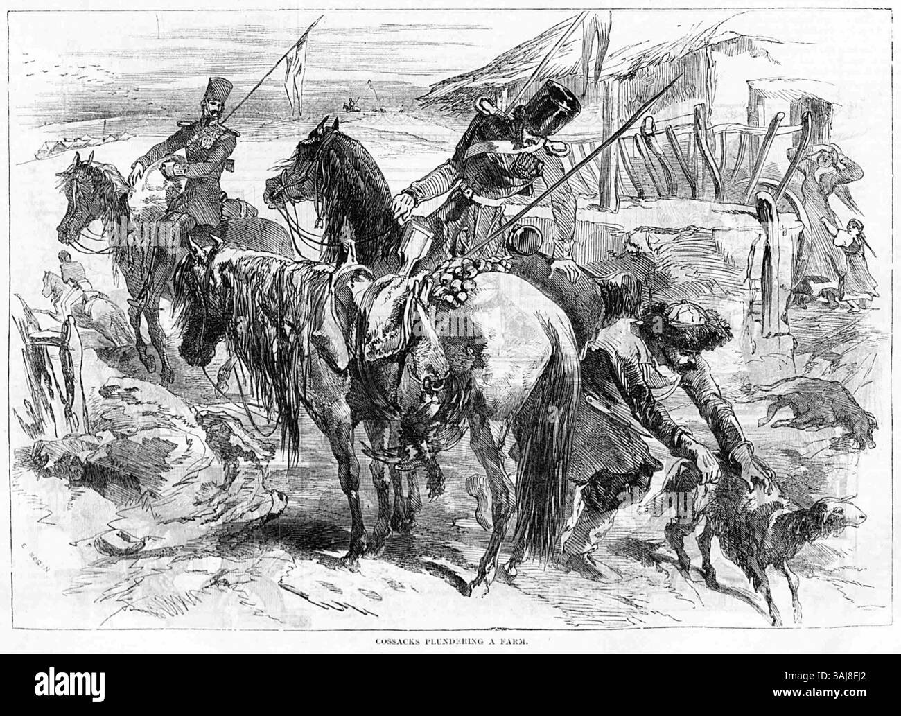 Un'illustrazione ritagliata da Pen and Pencil, 17 marzo 1855, pagina 5, raffigurante cosacchi che saccheggiano una fattoria. Pubblicato da Joseph Clayton, jr. A Londra. Foto Stock