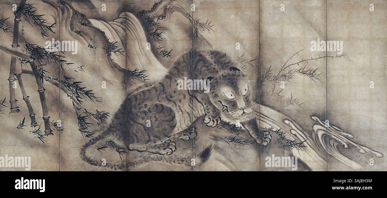 Un dipinto intitolato "Drago e Tigre" di Sesson Shukei, creato durante il XVI secolo. L'opera d'arte presenta una rappresentazione drammatica di un drago e una tigre, simbolo di forze opposte. Foto Stock
