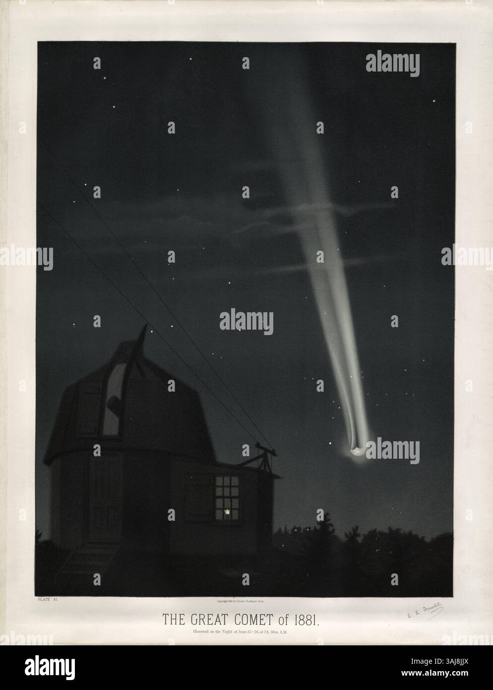 Il disegno del 1881 di Étienne Léopold Trouvelot raffigura la cometa C/1881 K1, osservata nella notte tra il 25 e il 26 giugno. L'opera d'arte astronomica rappresenta uno degli eventi celesti significativi della fine del XIX secolo. Foto Stock