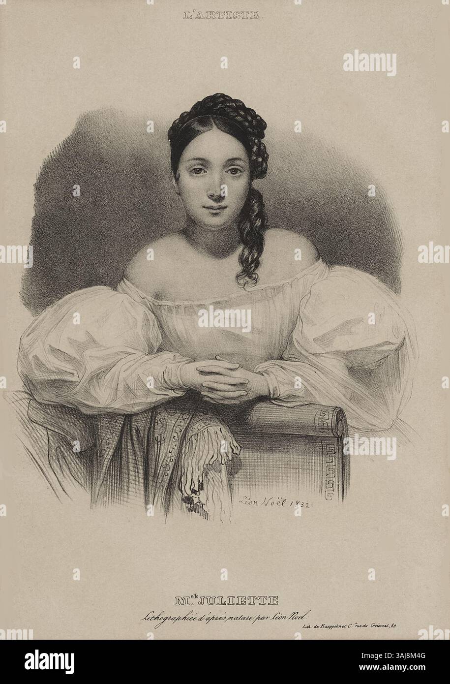 Questa litografia del 1832 di Alphonse-Léon Noël ritrae Juliette Drouet, la famosa attrice francese e amante di Victor Hugo. Il ritratto cattura le sue delicate caratteristiche e l'elegante moda dei primi anni del XIX secolo. Foto Stock