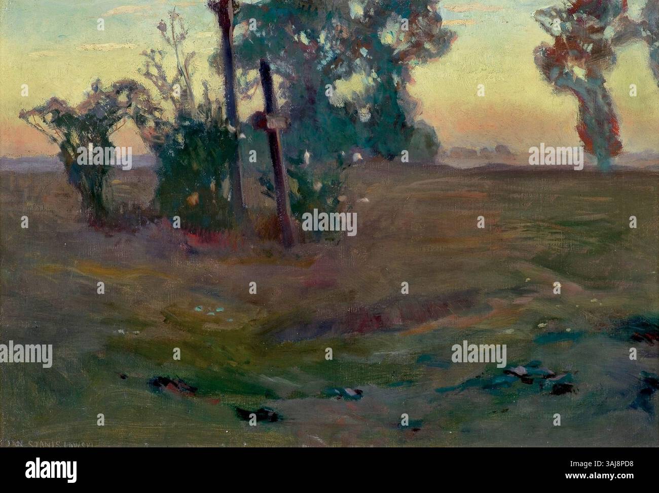 Il 'Krajobraz o zmierzchu' di Jan Stanisawski (paesaggio al crepuscolo) di prima del 1897 cattura un momento tranquillo al crepuscolo con luce soffusa e atmosferica, mescolando elementi di naturalismo e romanticismo in olio su tela. Foto Stock