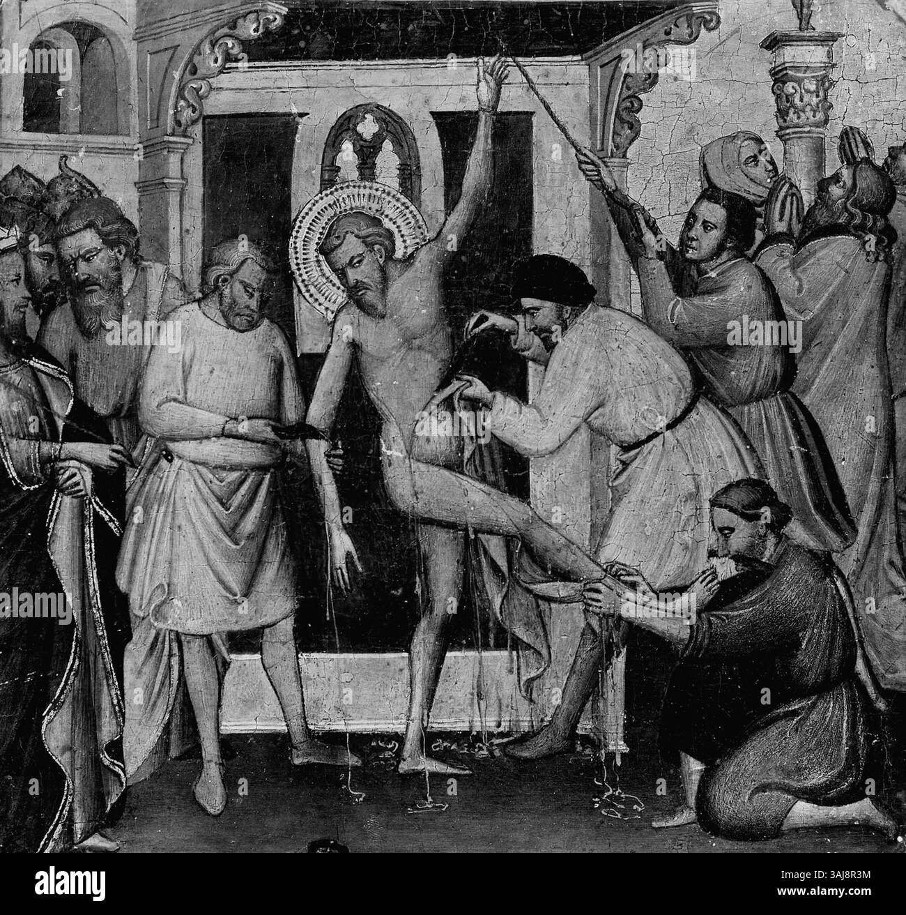 "Martirio di San Bartolomeo" di Lorenzo di Niccolò di Martino, dipinto tra il 1404 e il 1410 circa, raffigura il martirio religioso di San Bartolomeo in uno stile drammatico ed espressivo. Foto Stock