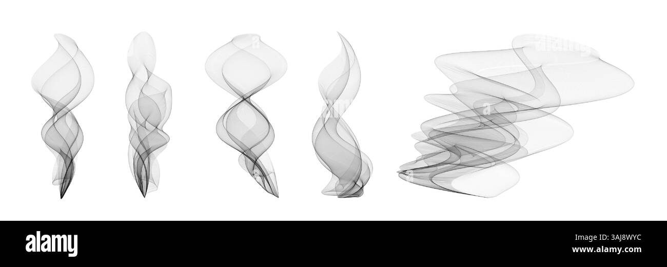 Set trasparente per vapore e fumo su bianco. Realistiche tracce di vapore caldo da caffè, tè o fuoco. Vettore di nebbia astratta e nebbia con curve uniformi. Icone isolate per alimenti, liquidi o effetti magici. Illustrazione Vettoriale
