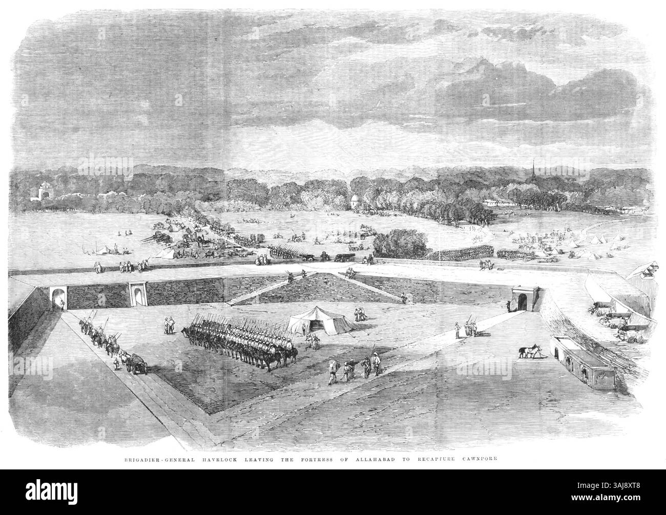 Questa stampa del 1857 del Illustrated London News illustra il generale di brigata Havelock che parte dalla Fortezza di Allahabad per riconquistare Cawnpore durante la ribellione indiana. L'incisione cattura lo sforzo militare per ripristinare il controllo britannico durante il conflitto. Foto Stock