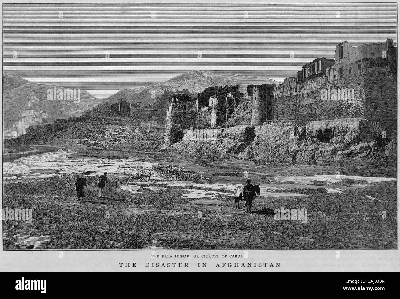 Un'illustrazione tratta dal "grafico" del 1880, raffigurante la Bala Hissar, una cittadella storica di Kabul, Afghanistan. L'immagine cattura la grandezza della cittadella, dando uno sguardo al patrimonio storico e architettonico dell'Afghanistan durante il periodo. Foto Stock
