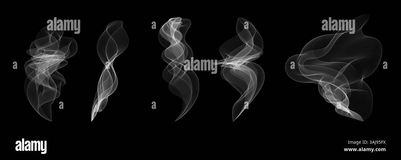 Set realistico per vapore e fumo trasparente. Vapori bianchi vorticosi per effetti di tè, caffè, cibo o fuoco. Illustrazione vettoriale con texture luminosa. Icone isolate per il calore, la cucina o design spettrali. Illustrazione Vettoriale