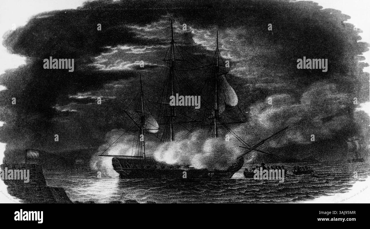 Questa incisione a stilo di R. Dodd raffigura la riconquista della HMS Hermione il 25 ottobre 1799, mostrando le barche della HMS Surprise che catturano la fregata britannica dagli ammutinati di Port Cavallo, Venezuela. Foto Stock