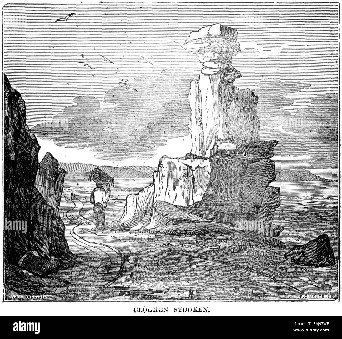 Questa immagine raffigura una scena dell'articolo del 1834 "A Guide to the Giants' Causeway" pubblicato sul Dublin Penny Journal, volume 2. L'illustrazione mostra le iconiche formazioni naturali del Selciato del gigante, un sito patrimonio dell'umanità dell'UNESCO situato nell'Irlanda del Nord, noto per le sue uniche colonne esagonali di basalto. Foto Stock