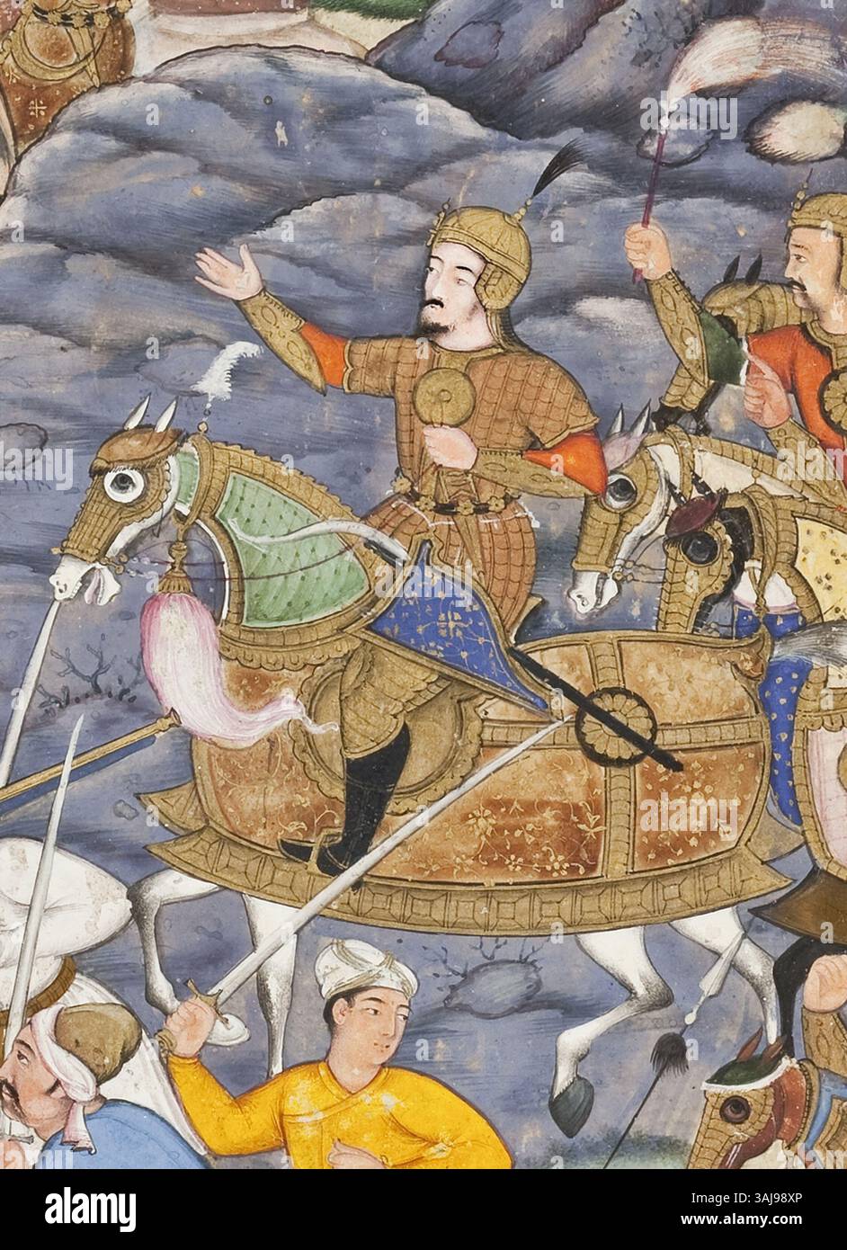 Questa opera raffigura l'imperatore Mughal Humayun durante la sua campagna militare durante l'assedio di Cambay nel 1535. Mostra il momento strategico della campagna di Humayun, una parte significativa della sua storia militare nel Gujarat. Foto Stock