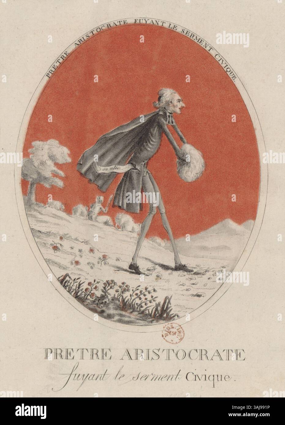 Incisione francese del 1790 raffigurante un sacerdote aristocratico in fuga dalla Costituzione civile del Clero. L'opera riflette i tumulti politici e i conflitti religiosi durante la Rivoluzione francese. Foto Stock