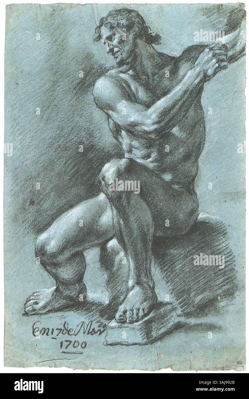 Un disegno a carboncino del 1700 di Juan Conchillos Falcó, intitolato "Academia de hombre sentado, mirando a la izquierda". Raffigura un uomo seduto, impreziosito da gesso bianco, ospitato nel Museo del Louvre. Foto Stock
