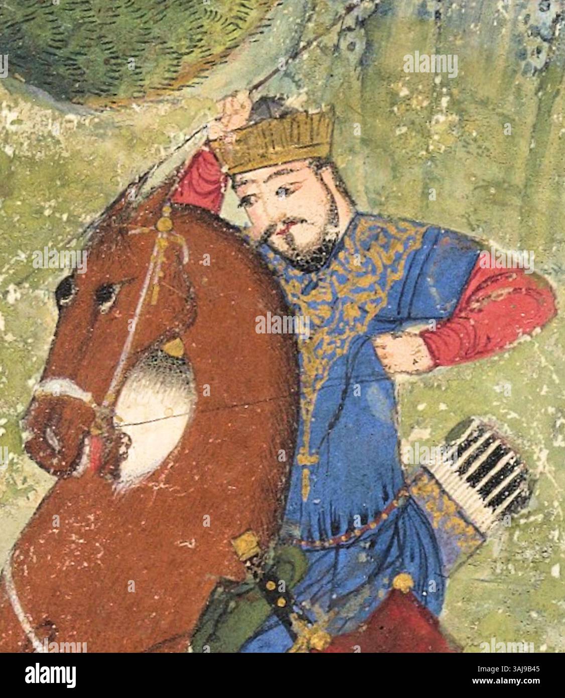 Questo ritratto di Ibrahim Sultan, creato intorno al 1425, raffigura il sovrano timuride in una scena dettagliata e dinamica. L'opera d'arte cattura il suo ruolo nella società persiana, mostrando la sua somiglianza durante una spedizione di caccia. Foto Stock