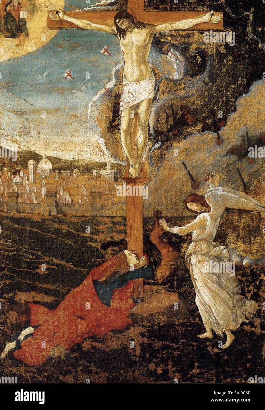 La "Mystische Kreuzigung" di Sandro Botticelli presenta la Crocifissione di Gesù con Maria Maddalena e temi religiosi. Dipinto intorno al 1497-1500, è ospitato presso i Musei d'Arte di Harvard. Foto Stock