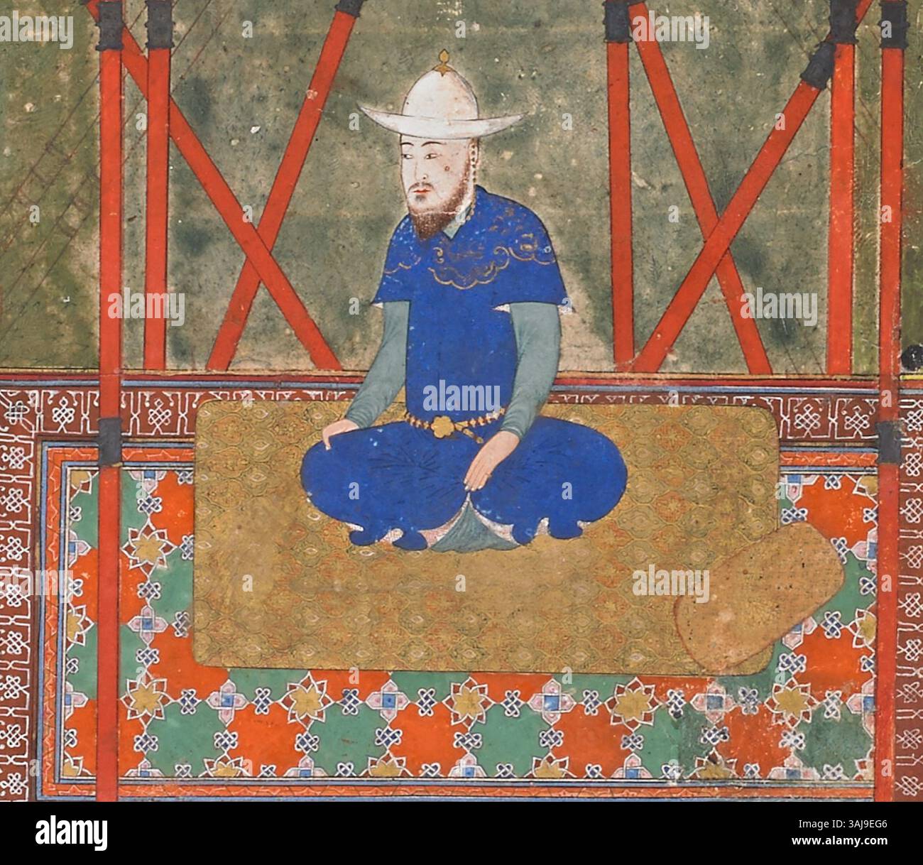 Questo dipinto del 1425-1450 di Ulugh Beg raffigura il sovrano timuride seduto con il suo nome e il suo titolo esposti su un baldacchino sopra. L'immagine enfatizza il suo duplice ruolo di sovrano e di studioso, mostrando i suoi significativi contributi alla scienza, in particolare all'astronomia, durante l'era timuride. Foto Stock