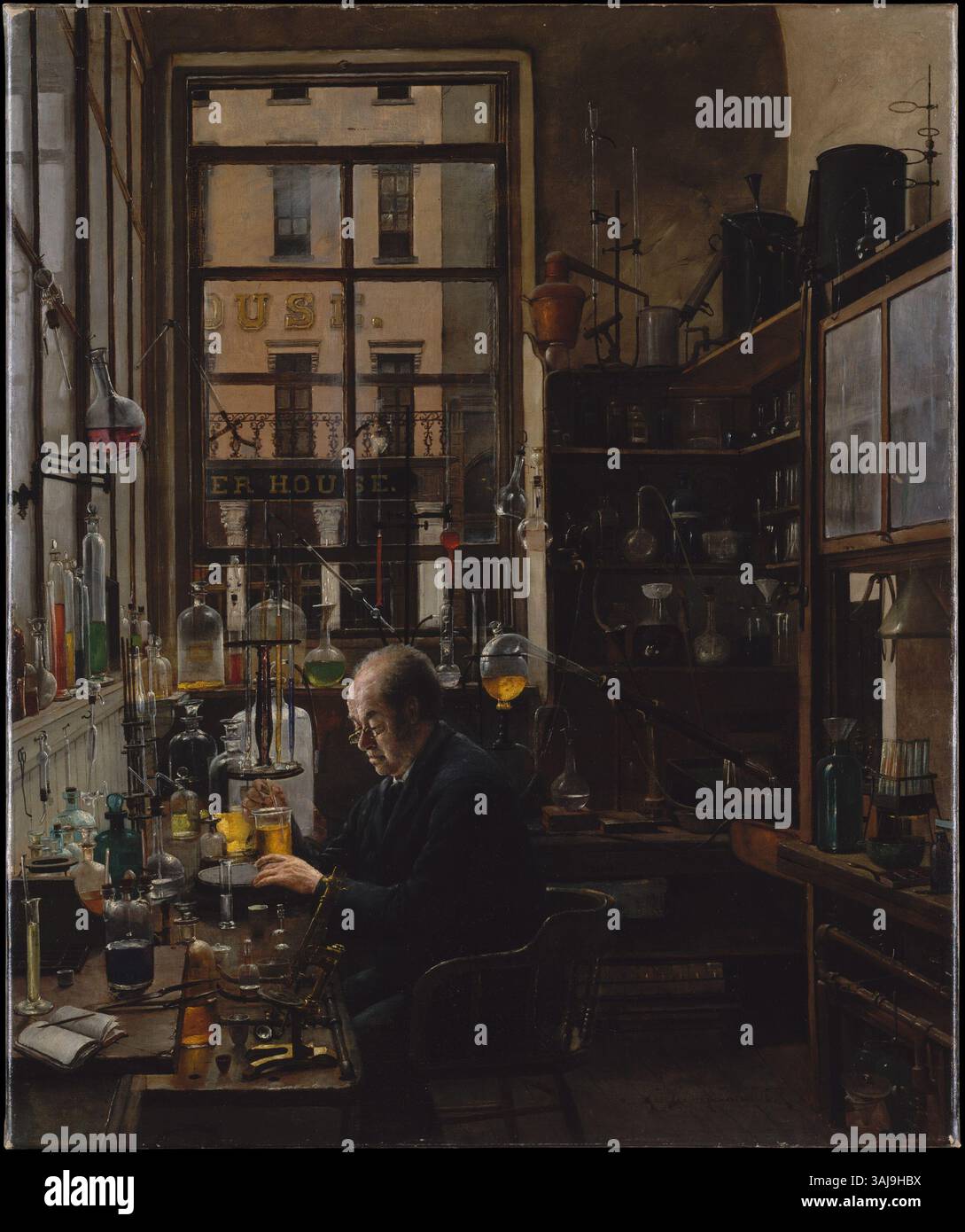 Il dipinto di Henry Alexander "in the Laboratory" (1887) presenta un mineralogista californiano al lavoro, che cattura l'esplorazione scientifica e lo studio dei minerali. Il pezzo sottolinea la ricerca intellettuale e la meticolosa attenzione ai dettagli. Foto Stock