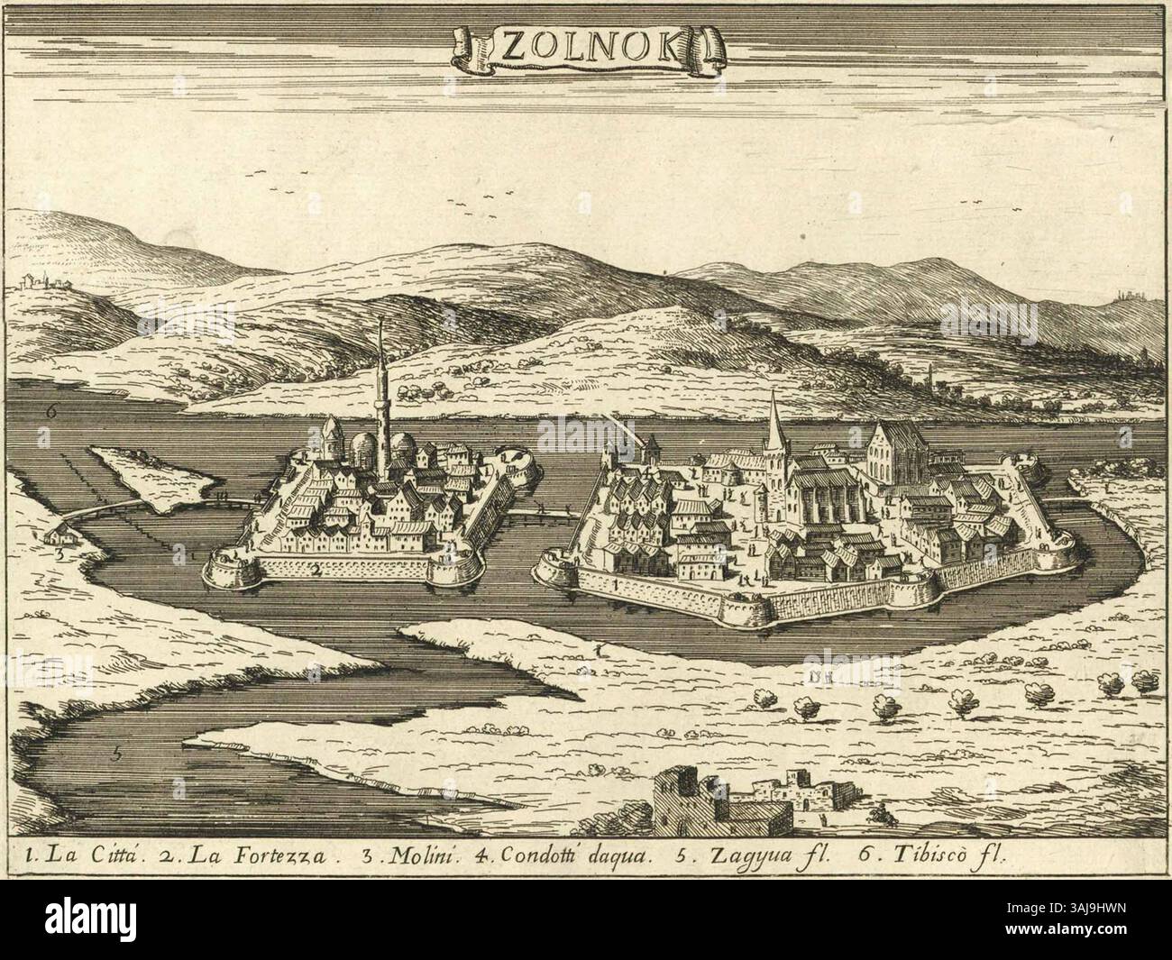 L'incisione del Castello di Szolnok in Ungheria del 1683 di Giovanni Giacomo De Rossi illustra la fortezza come si trovava nel XVII secolo. L'opera offre una panoramica dell'architettura militare dell'epoca. Foto Stock