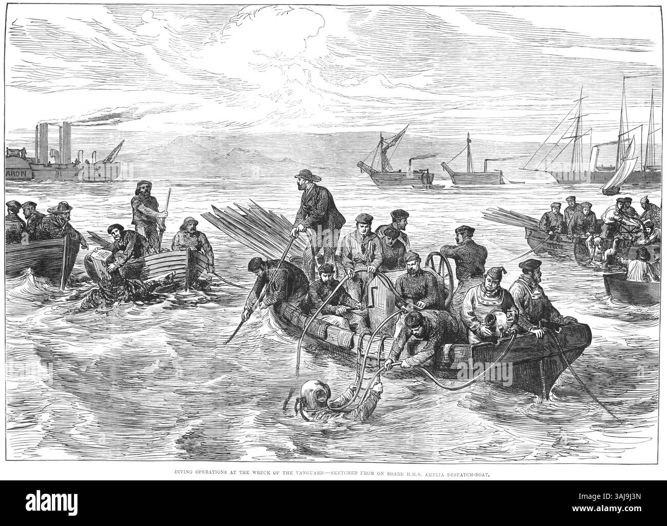 L'illustrazione mostra le operazioni di immersione sul relitto della HMS Vanguard, disegnato a bordo della HMS Amelia Despatch-Boat. L'incidente seguì l'affondamento della nave da parte della HMS Iron Duke il 1° settembre 1875. Pubblicato su Illustrated London News il 2 ottobre 1875. Foto Stock