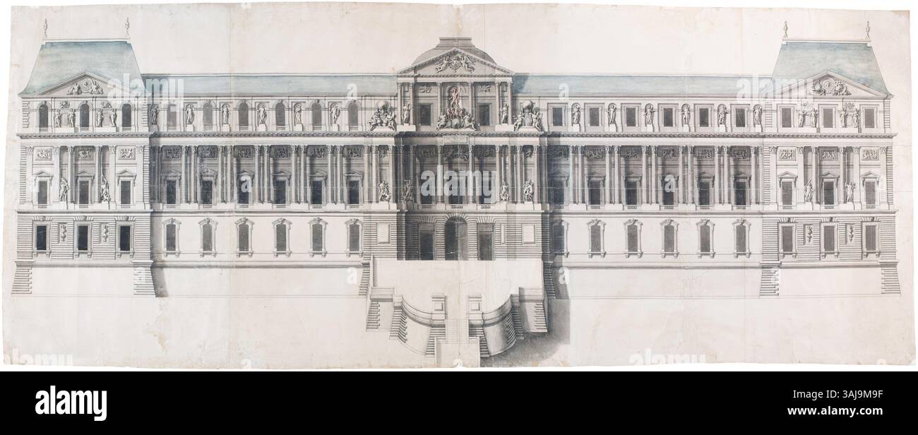 Il disegno di Francesco le Vau del 1662–1664 presenta un disegno per la facciata est del Louvre a Parigi. Realizzato a penna e inchiostro su carta, riflette la visione architettonica di uno dei punti di riferimento più iconici della Francia, evidenziando la simmetria e lo stile classico. Foto Stock