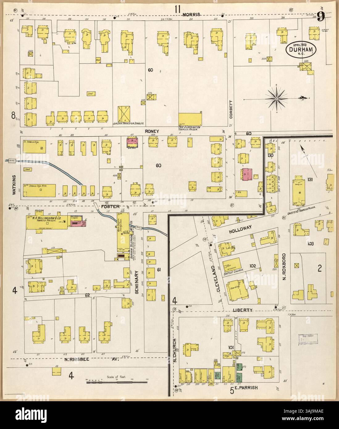 Questa mappa dell'assicurazione antincendio di Sanborn dell'aprile 1902 raffigura Durham, Durham County, North Carolina, con dettagli su strade, edifici, e rischi di incendio per le valutazioni assicurative. Foto Stock