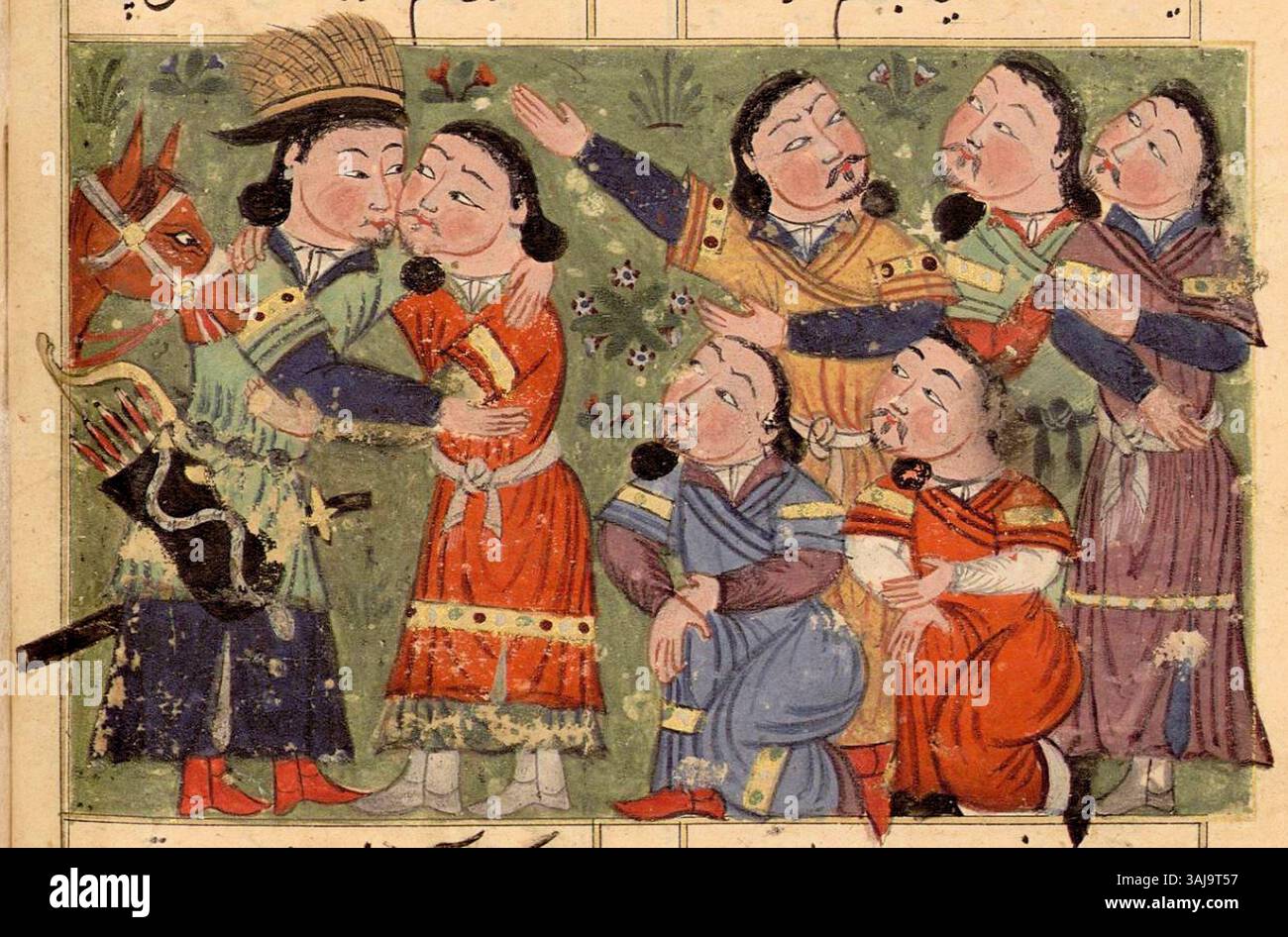 Questa miniatura raffigura Khabul Khan con sua moglie e cinque assistenti mongoli, mostrando la scena di corte mongola del XV secolo. Fa parte del manoscritto Supplément Persan, tenuto presso la Bibliothèque nationale de France. Foto Stock