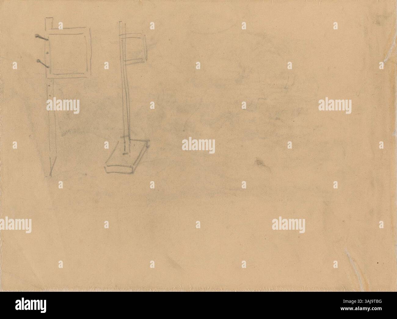 Il disegno del 1889 di Vincent van Gogh intitolato «Bird's-Eye View of the Village» è abbinato a schizzi di una cornice prospettica sul retro. Questo disegno a matita e lavatrice esemplifica lo stile in evoluzione di Van Gogh e la sua esplorazione della profondità e della prospettiva spaziale. Foto Stock