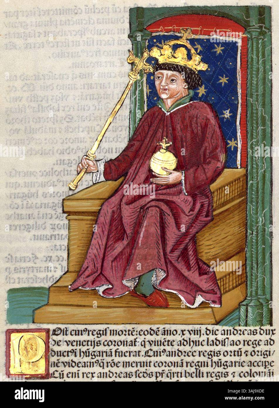 La "Chronica Hungarorum" include un passaggio sul re Andrea III d'Ungheria, che regnò dal 1290 al 1301. Questo manoscritto mette in evidenza il suo regno e i significativi eventi politici che hanno plasmato l'Ungheria durante il suo governo, fornendo un resoconto dettagliato della sua leadership e delle sue sfide. Foto Stock