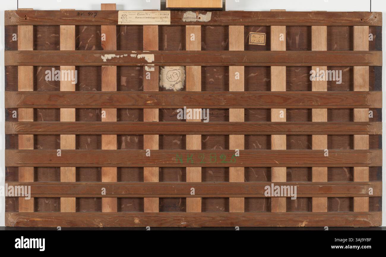 "Landschap met boeren koeien melkend" di Marten van Cleve (paesaggio con gli agricoltori che mungono le mucche) è un dipinto di genere olandese del XVI secolo che raffigura la vita rurale. La scena vede gli agricoltori che mungono le mucche in un tranquillo paesaggio di campagna, eseguito in olio su pannello. Foto Stock