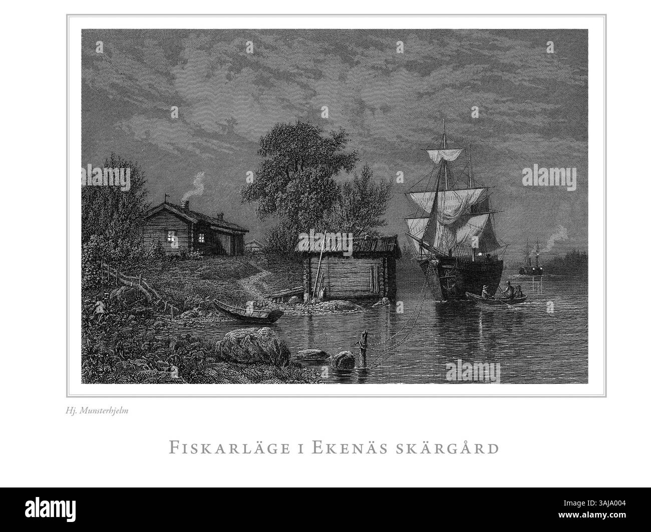 "Fiskarläge i Ekenäs skärgård" di Hjalmar Munsterhjelm è un'incisione in acciaio raffigurante il villaggio di pescatori nell'arcipelago di Ekenäs, in Finlandia. Parte di "EN resa i Finland" (1872-1874), offre una visione della vita rurale dell'arcipelago finlandese. Foto Stock "Fiskarläge i Ekenäs skärgård" di Hjalmar Munsterhjelm è un'incisione in acciaio raffigurante il villaggio di pescatori nell'arcipelago di Ekenäs, in Finlandia. Parte di "EN resa i Finland" (1872-1874), offre una visione della vita rurale dell'arcipelago finlandese. Foto Stock