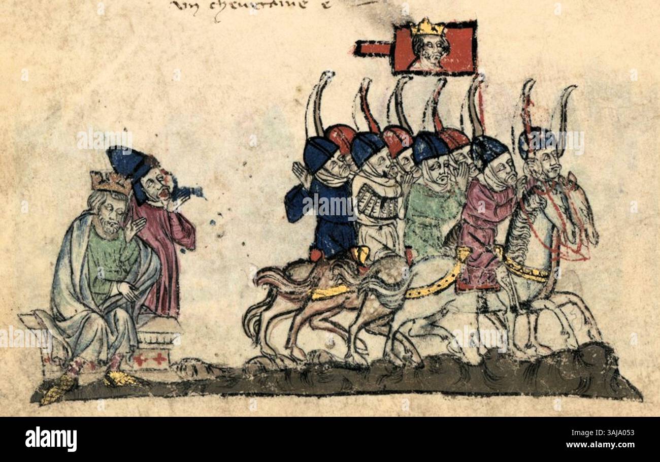 Questa miniatura del XIII secolo raffigura Ogodei Khan, il terzo Gran Khan dell'Impero mongolo, che invia le sue truppe alla conquista. L'opera d'arte mostra l'esercito mongolo in una scena dettagliata e storica. Foto Stock