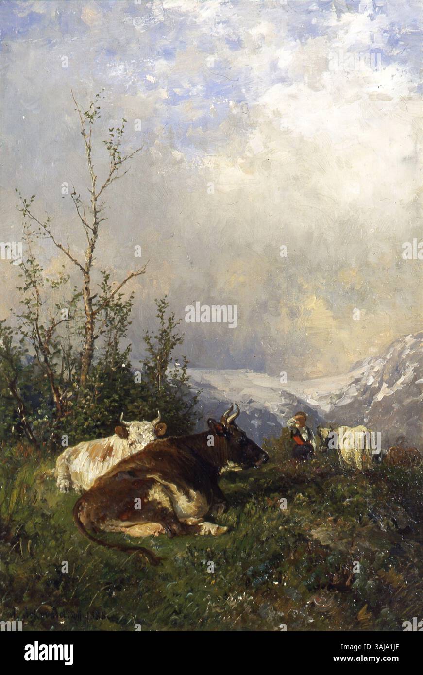 Una versione corta di 'Aften på fjellet' (sera sulla montagna), un sereno dipinto del 1886 di Anders Askevold. Mette in risalto il tranquillo ambiente crepuscolo delle montagne norvegesi, catturando l'essenza della bellezza naturale della regione. Foto Stock