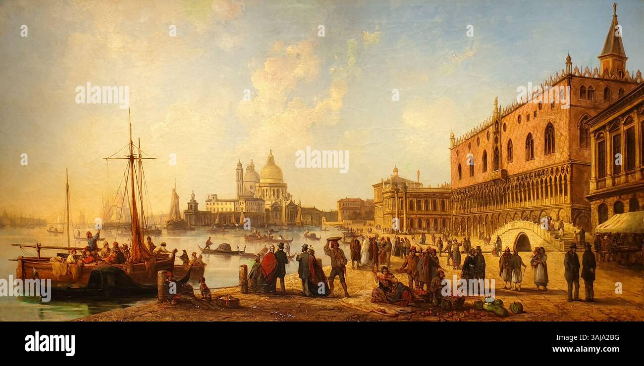"Piazza San Marco, Venezia" di Josef Püttner, dipinta nel 1873, raffigura l'iconica piazza veneziana in un olio su tela. L'opera cattura la grandezza e l'architettura della piazza, ospitata in una collezione privata. Foto Stock