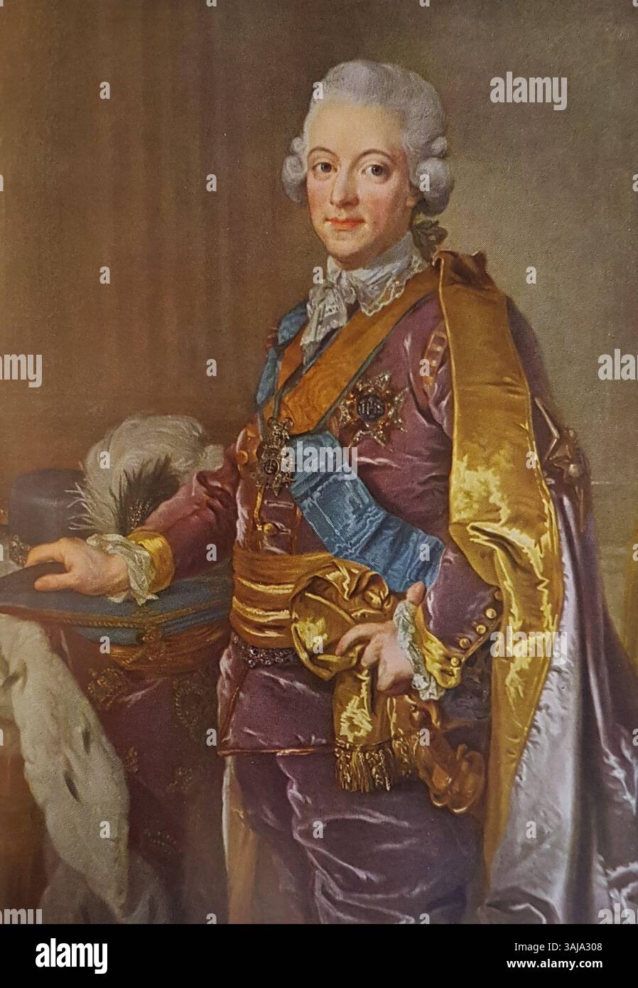 Un ritratto di re Gustavo III, dipinto da Lorentz Pasch il giovane, cattura il monarca svedese in un ambiente regale. L'immagine è una riproduzione fotografica dell'Allhems Svenskt konstnärslexikon. Foto Stock
