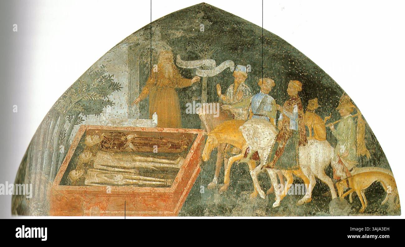 Questa opera d'arte, 'Gegensatz der drei lebenenden und drei Toten', creata nella prima metà del XV secolo, è ospitata in una collezione privata. Il pezzo esplora il contrasto simbolico tra i vivi e i morti, un tema ricorrente nell'arte medievale. L'opera è rappresentativa dell'arte del primo Rinascimento e del suo focus sulla vita e la morte. Foto Stock