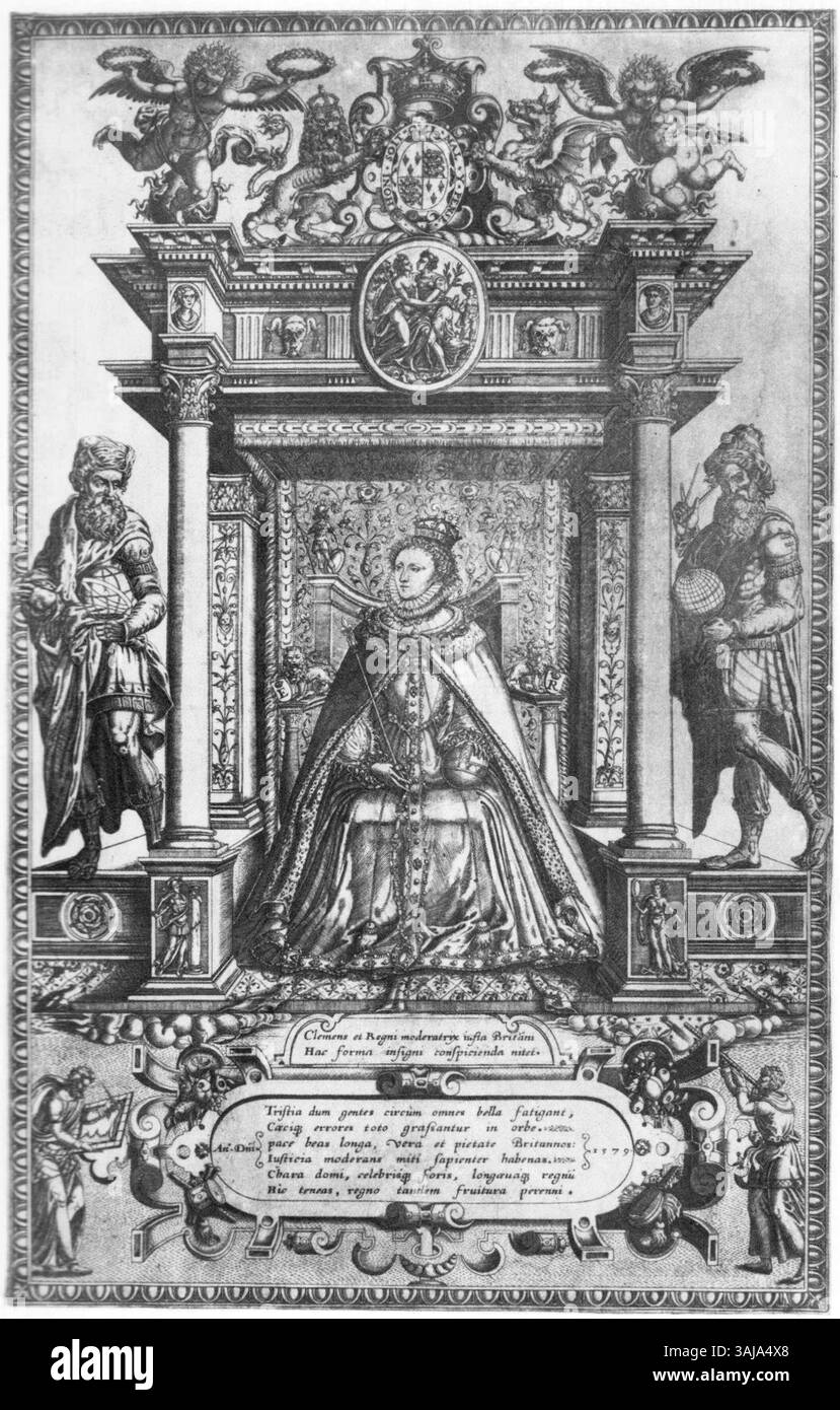 Il frontespizio dell'Atlante delle contee d'Inghilterra e Galles di Christopher Saxton, creato da Remigius Hogenberg, raffigurante Elisabetta i d'Inghilterra. Fu prodotto tra il 1723 e il 1735. Foto Stock