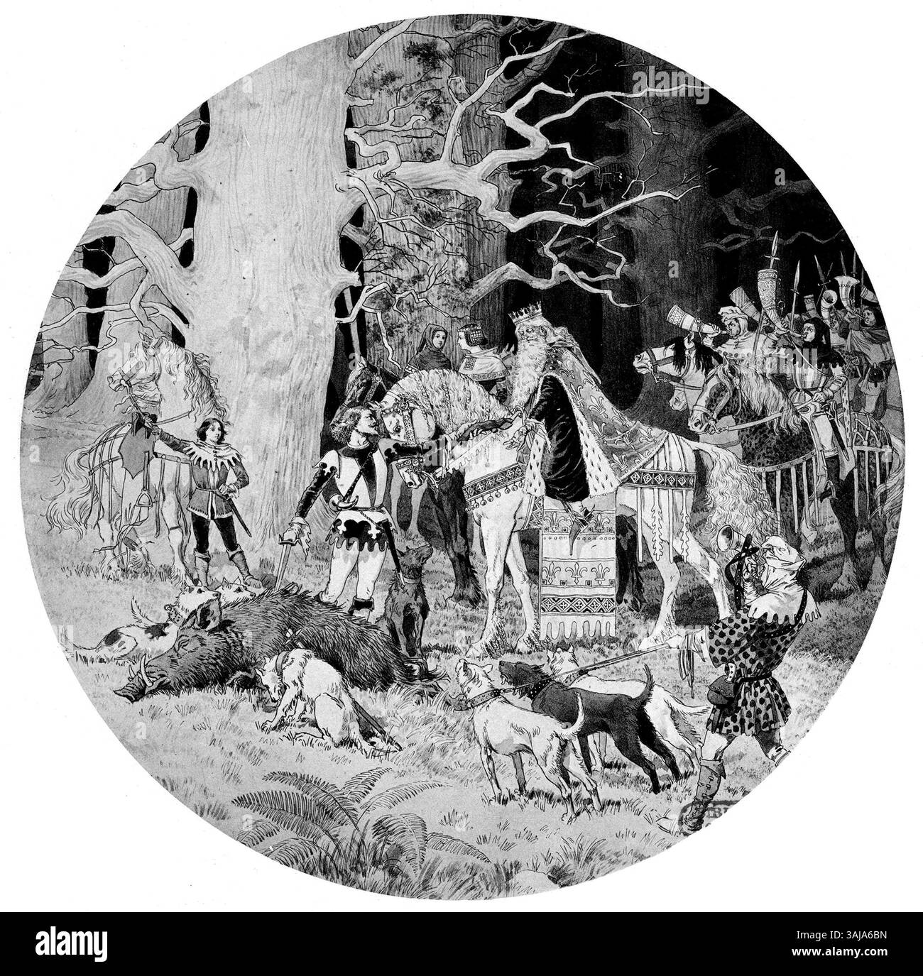 Questa stampa del 1889 di Eugène Grasset illustra una scena dell'opera di Massenet *Esclarmonde*. Raffigura Roland, il coraggioso cavaliere, disteso sull'erba con un cinghiale che ha ucciso, che mostra un dettagliato disegno medievale con intricati ornamenti. Foto Stock