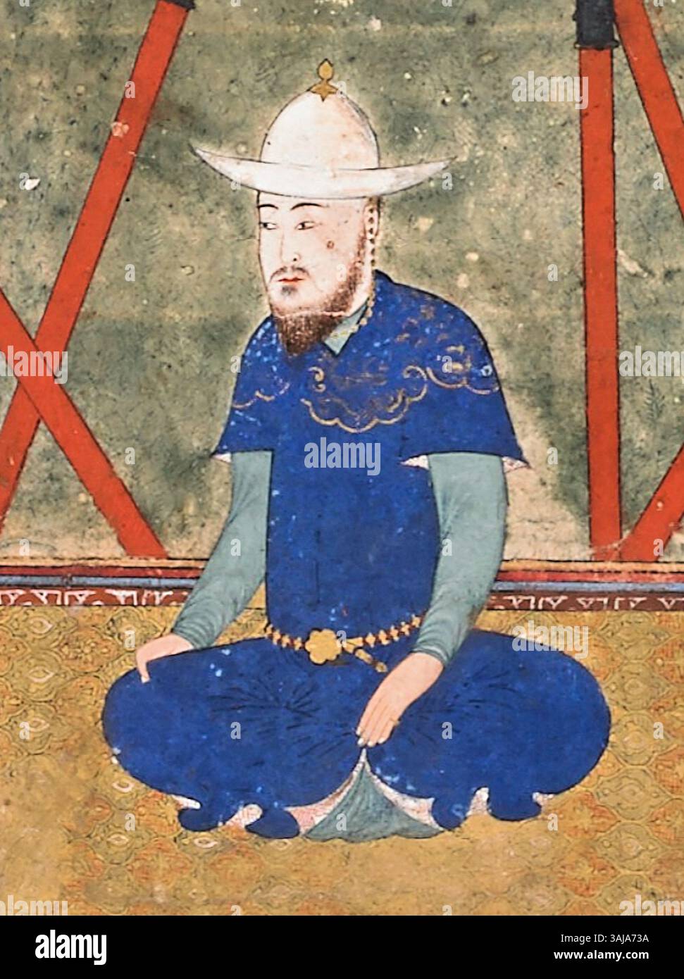 Questo dipinto timuride, creato tra il 1425 e il 1450, raffigura Ulugh Beg, un sovrano e astronomo. L'opera presenta il suo nome e il suo titolo su un baldacchino sopra di lui, sottolineando la sua importanza durante il periodo timuride. Ulugh Beg era noto per i suoi contributi alla scienza e alla cultura, in particolare in astronomia e matematica. Foto Stock