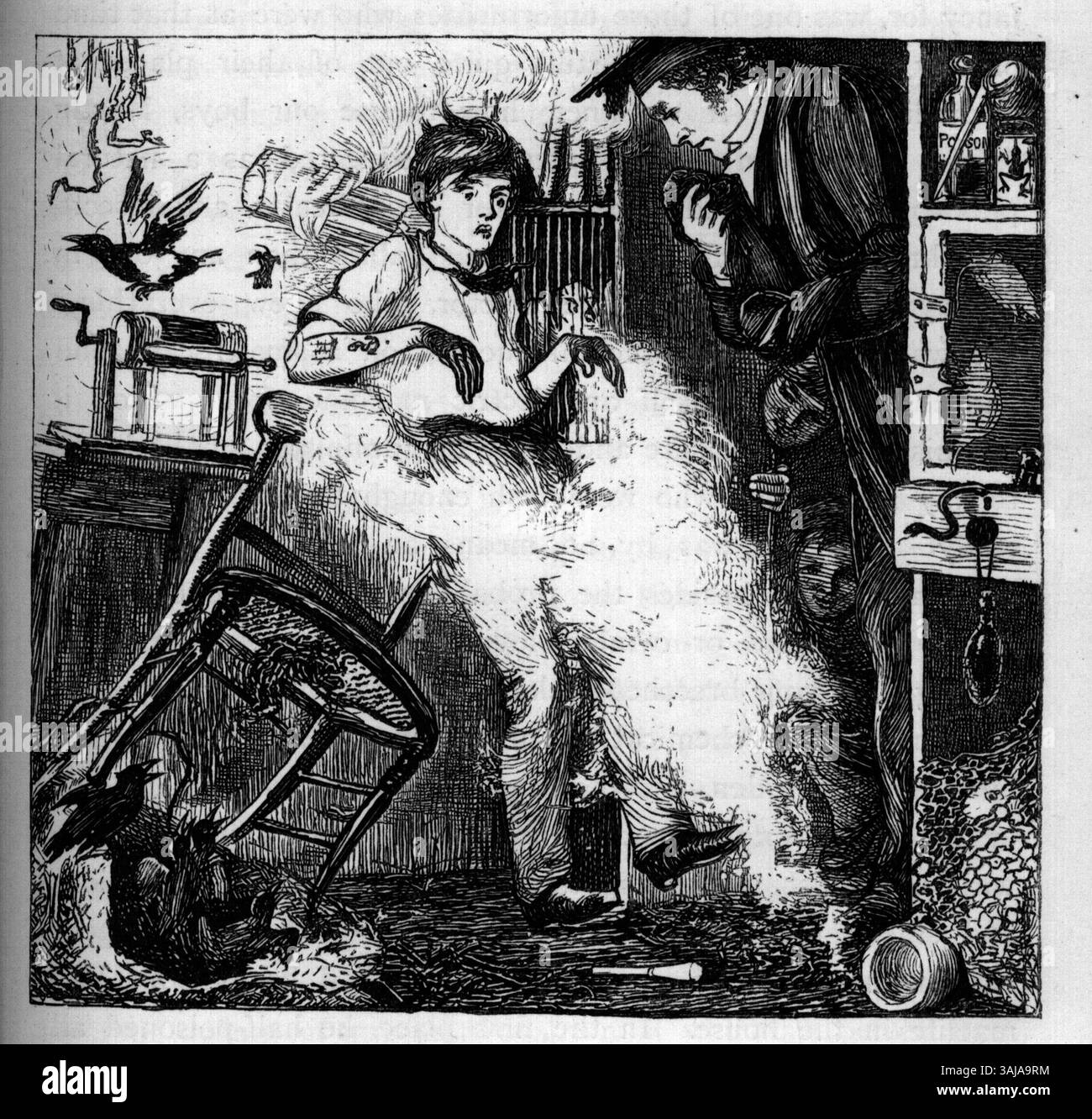 Questa drammatica illustrazione tratta da "Tom Brown's School Days" (1869) raffigura un incendio in laboratorio, sottolineando i pericoli della scienza sperimentale e l'ambiente intenso della scuola. Foto Stock Questa drammatica illustrazione tratta da "Tom Brown's School Days" (1869) raffigura un incendio in laboratorio, sottolineando i pericoli della scienza sperimentale e l'ambiente intenso della scuola. Foto Stock