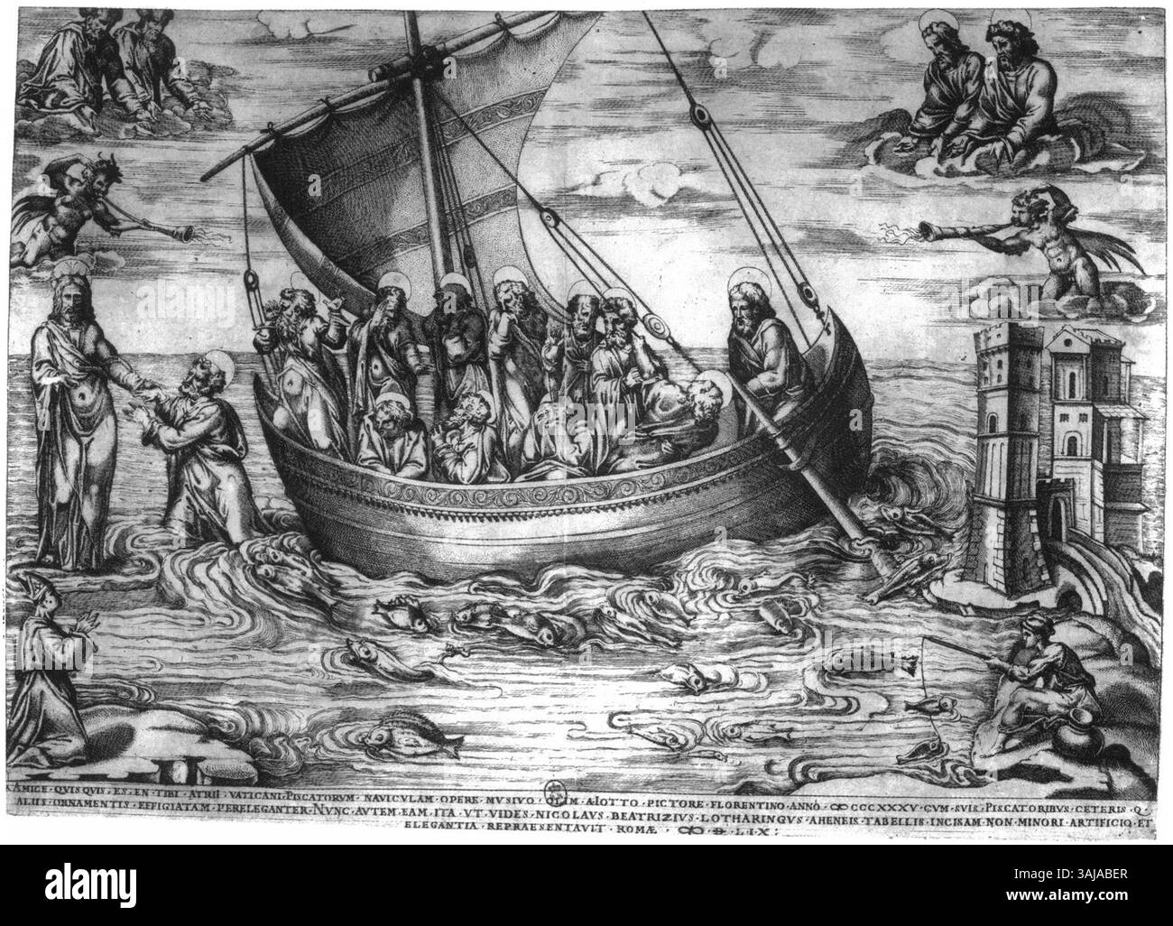 La navicella è un mosaico di Giotto, originariamente creato intorno al 1312-1313 per la facciata dell'antica basilica di San Pietro a Roma. L'incisione di Nicolas Béatrizet, realizzata intorno al 1559, raffigura il disegno originale, che ora è frammentario. L'opera illustra un significativo esempio dello stile rinascimentale di Giotto. Foto Stock