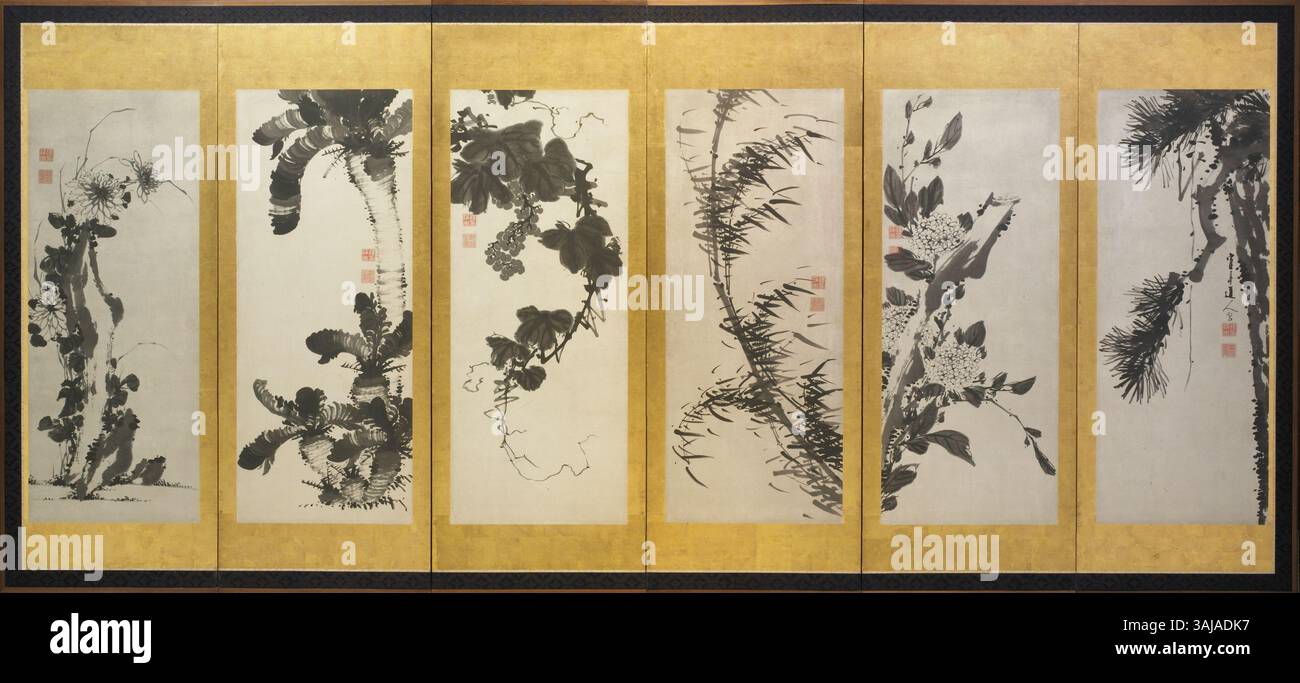 "Fiori e piante delle quattro stagioni" di Kakutei JK, dipinto nel 1774, illustra vari fiori e piante che rappresentano ogni stagione, riflettendo il mondo naturale mutevole attraverso dettagliate opere d'arte botanica. Foto Stock