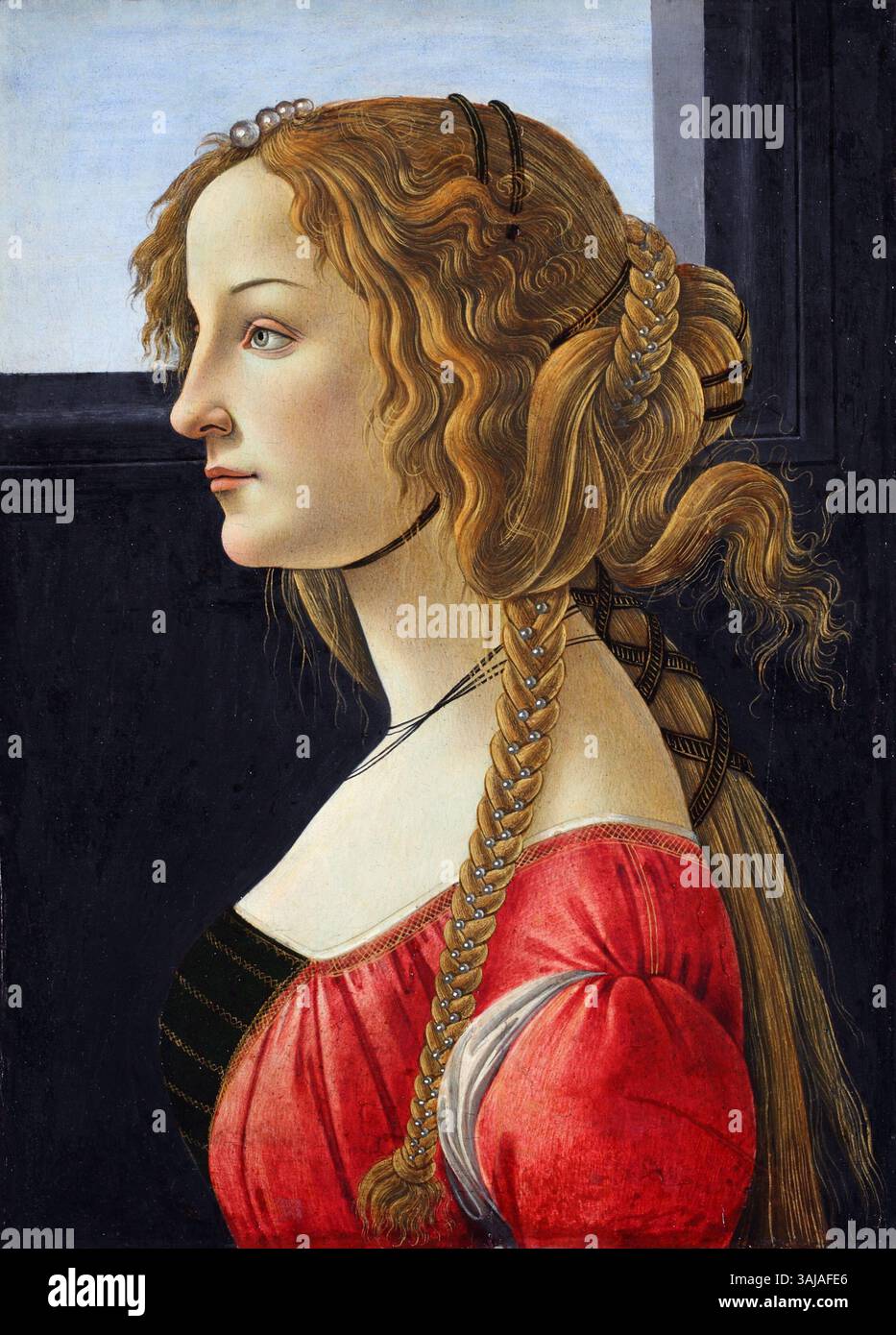 Questo ritratto di profilo di una giovane donna, spesso identificata come Simonetta Vespucci, presenta elaborate acconciature comuni nel Rinascimento. Il ritratto è un bell'esempio della ritrattistica dettagliata e graziosa del periodo. Medio: Olio su legno, tra 1475 e 1480. Foto Stock