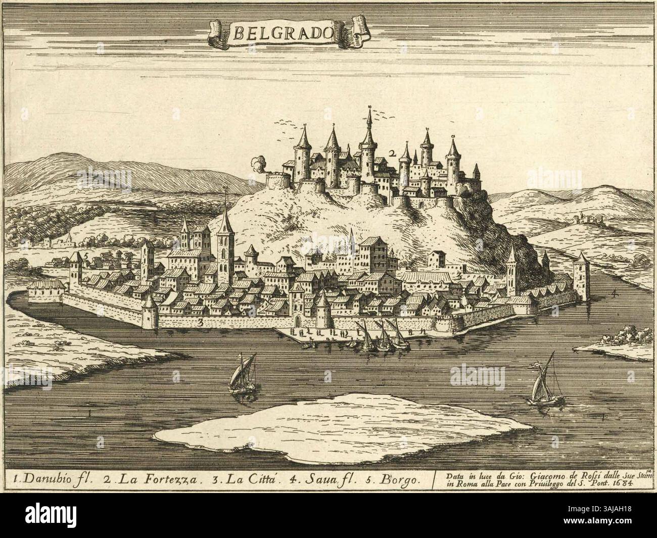 L'incisione del 1683 di Giovanni Giacomo De Rossi raffigura il Castello di Belgrado nel XVII secolo. L'incisione mostra lo stile architettonico e l'importanza storica della fortezza di Belgrado, all'epoca parte dell'Impero Ottomano. Foto Stock