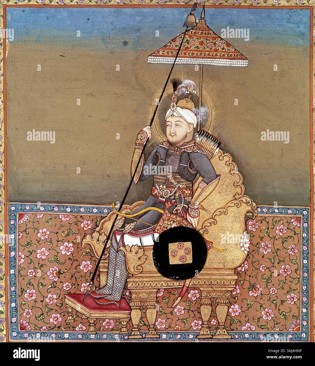 Questo ritratto del 1774 del conquistatore mongolo Timur (Tamerlano), noto anche come Timur Lang, lo raffigura come una figura di spicco nella storia moghul. Il ritratto mostra la presenza regale di Tamerlano e lo stile artistico del periodo, riflettendo il suo ruolo significativo nella storia dell'Asia centrale e Moghul. Foto Stock