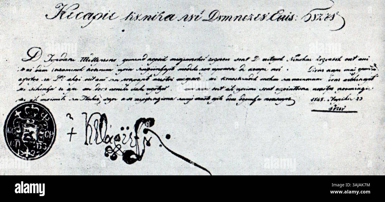 Il "Certificat de studii" rilasciato da Episcopul Chesarie al Buzului nel 1845 segna la partenza di Tattarescu per l'Italia. Questo documento è un significativo resoconto storico per l'artista rumeno. Foto Stock