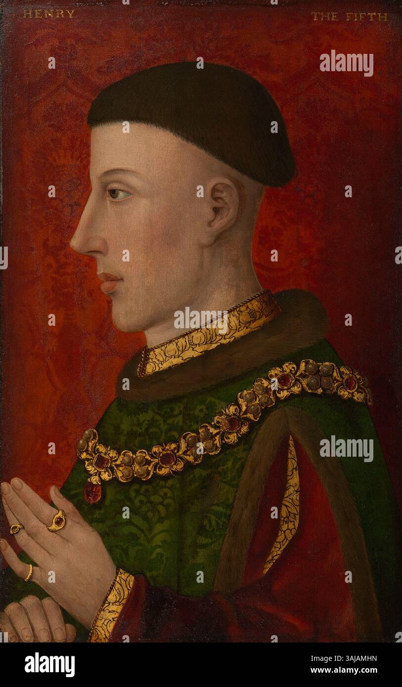 Questo ritratto del XVI secolo di Enrico V d'Inghilterra, dipinto tra il 1504 e il 1520, presenta l'iconico re che guidò l'Inghilterra durante la Guerra dei cent'anni. Il petrolio sul pannello cattura la sua regalità e la sua importanza militare. Foto Stock
