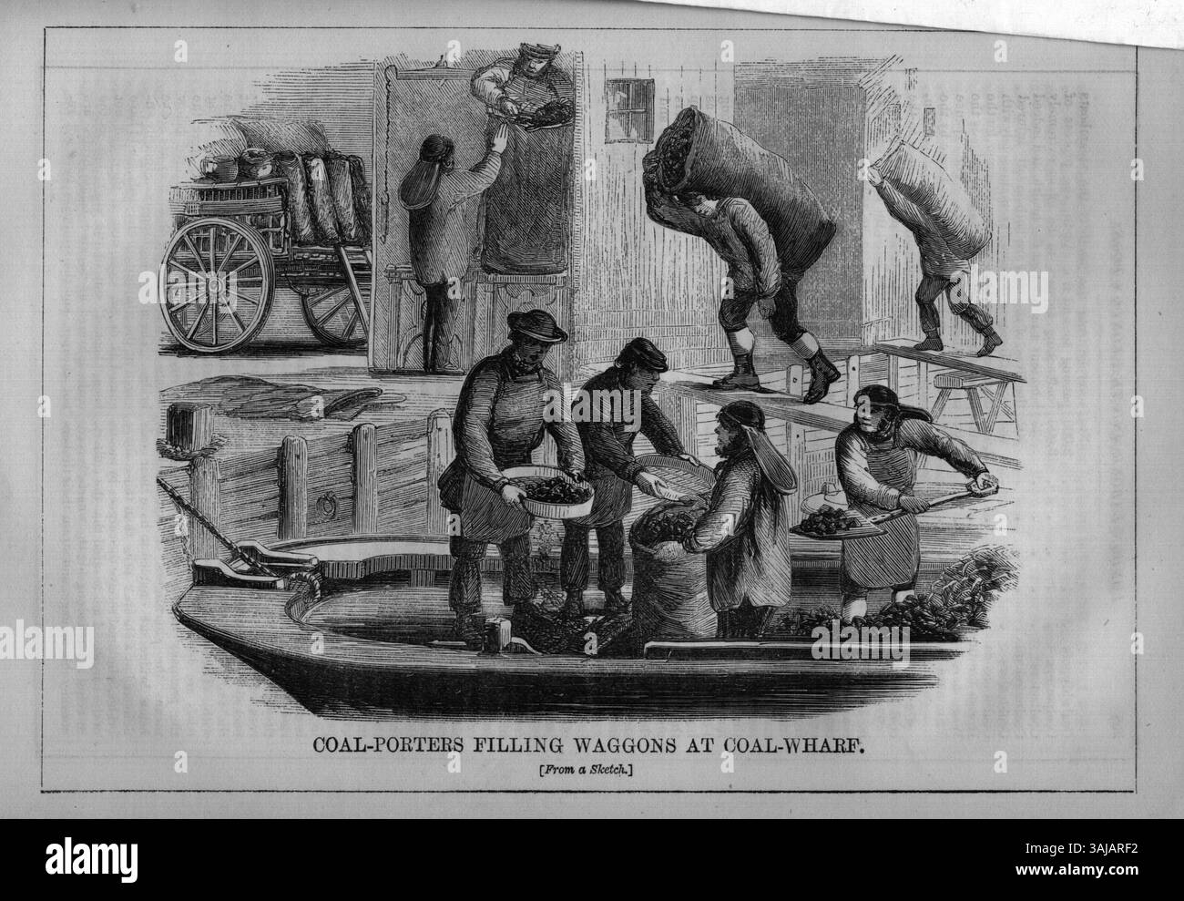 Un'illustrazione tratta da "London Labour and the London Poor" (1851) che raffigura i portatori di carbone che riempiono i carri in un molo di carbone. Questa scena riflette le condizioni di lavoro dei lavoratori vittoriani nell'industria del carbone. Foto Stock