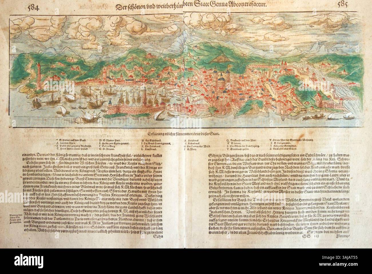 La mappa di Genova di Sebastian Münster, contenuta nel suo "Cosmographiae Universalis" del 1544, illustra la geografia della città e i monumenti significativi dell'epoca rinascimentale. La mappa, colorata a mano, fu pubblicata a Basilea come parte dell'edizione tedesca. Foto Stock