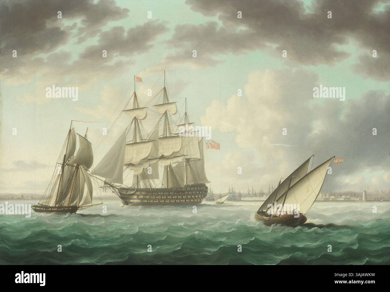 Il dipinto ad olio di Thomas Buttersworth della HMS Queen Charlotte ancorò nella baia di Cadice, catturando la nave da guerra britannica del XVIII secolo nel suo ambiente marittimo in Spagna. Foto Stock